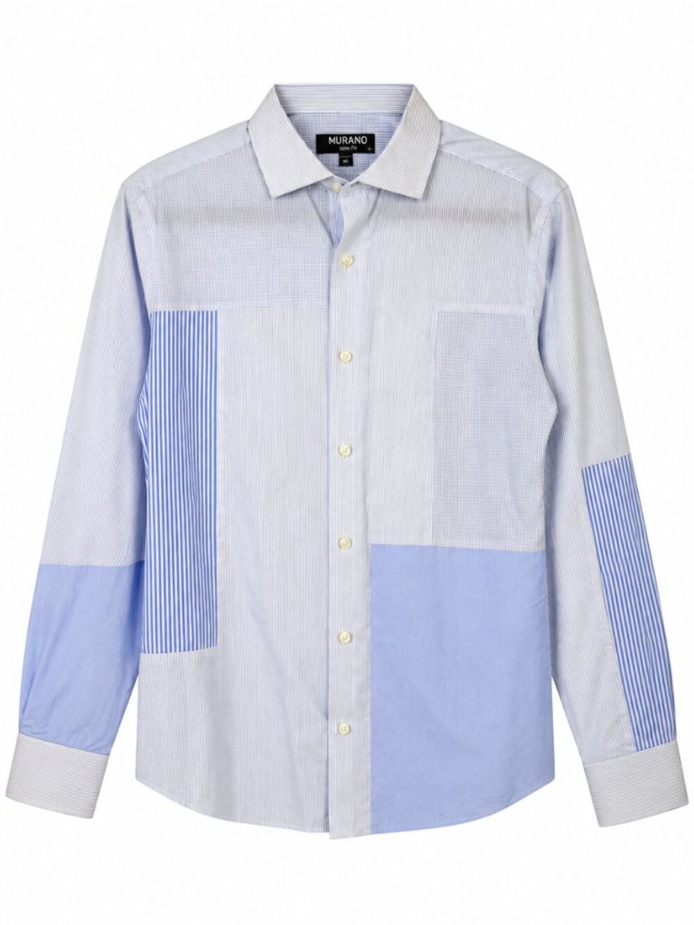 Murano Patchwork Color Block Striped Button Front Shirt Blue White M